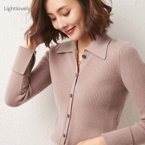 New Style Cashmere Sweater Womens Knitted Cardigan Autumn Winter 100% Pure Wool POLO Collar Cardigans Women Slim Coat Jacket