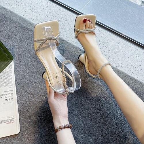 New Non-slip Womens Sandals New Style Rhinestone Square Toe High Heels Summer Party Womens Sandals Women Shoes Women Sandals