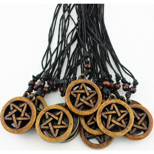 Wholesale 12pcs Cool Imitation Yak Bone Carved Pentagram Necklace Vintage Star Pendant Amulet Gift MN583