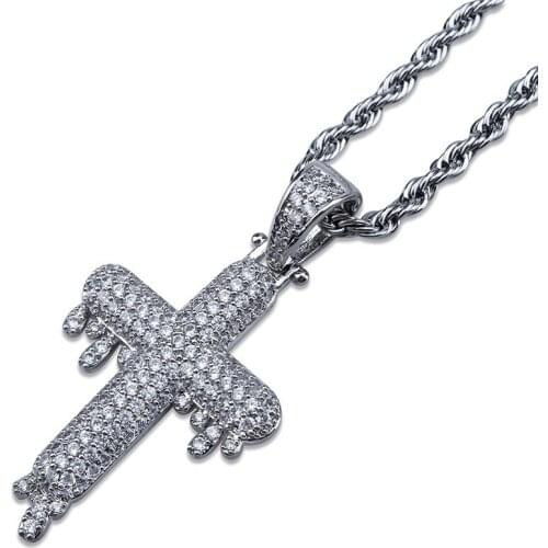 OMYFUN Factory Price Full Iced Cross Pendant Necklace Hip-hop Bling Zircon Iced Pendants & Necklaces Copper Party Jewelry