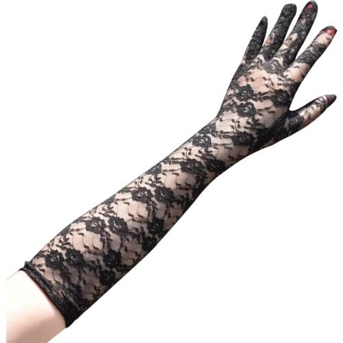 Women Sexy lace summer sunscreen thin long UV blocking gloves black pink Lace Gloves Mesh Elasticity Full Finger Gloves Driving