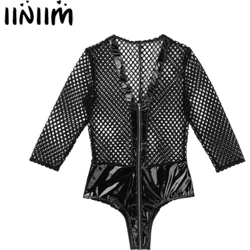 Womens Fishnet Hollow Out Bodycon Teddies Leather Splice 3/4 Sleeve High Cut Front Zipper Bodysuit Nightwear Pole Dance Clubwear