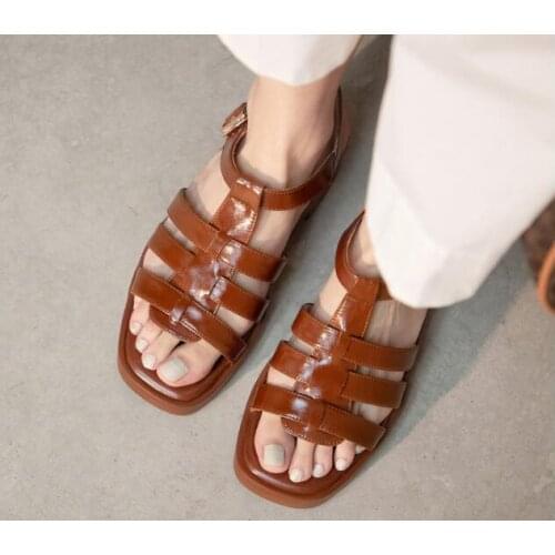 Dipsloot New Girls Rome Brown Black Patent Leather Open Toe Cuts Out Sandals Woman 45 MM Low Heels Buckle Casual Sandals Shoes