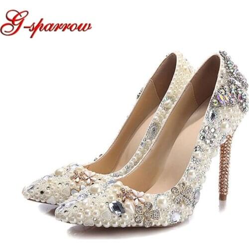 Ivory Pearl Thin Heel Women Shoes Beautiful Butterfly Rhinestone Wedding Shoes Pointed Toe Bride Dress Shoes Party Prom Pumps