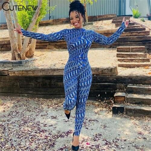 Cutenew Autumn Fitness Printing Two Piece Sets Women Outfits Long Sleeve Bodysuits+Skinny Stretch Pants Matching Lady Streetwear