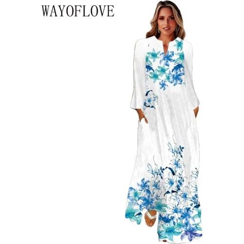 WAYOFLOVE 3D Blue Flowers Print Dress 2021 Autumn Long Sleeve Beach Casual Dresses Woman Elegant Girl Plus Size Long Dress Women