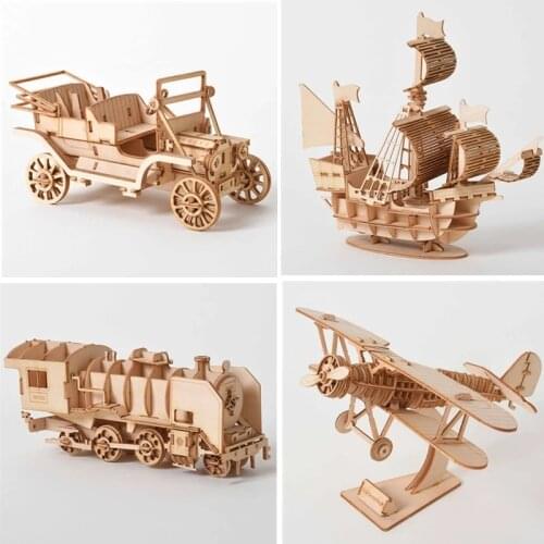 3D Wooden Puzzle Model DIY Ships Train Airplane Handmade Mechanical Toys for Children Kids Adult Model Kit Game Assembly Model