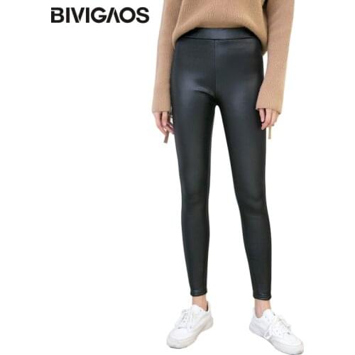 BIVIGAOS New Womens Autumn Winter Warm Leggings Black Stretch Faux Leather Velvet Leggings Pants Thick Leggings 6XL Punk