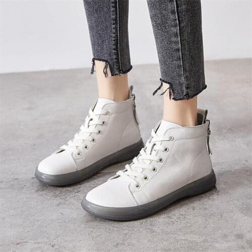 Autumn Women Ankle Boots Fashion White Sneakers Round Toe Flat Boots Lace Up Genuine Leather Female Casual Shoes Platform Boots