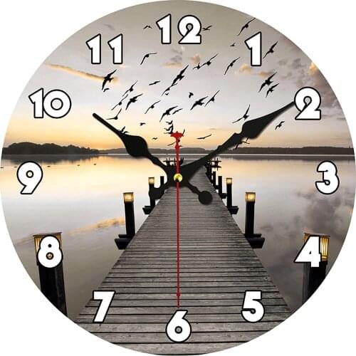 Home Decor Hanging Clocks 14 Inch Silent Non-Ticking Wooden Round Wall Clock Sunset By The Sea Beach Pattern Clock