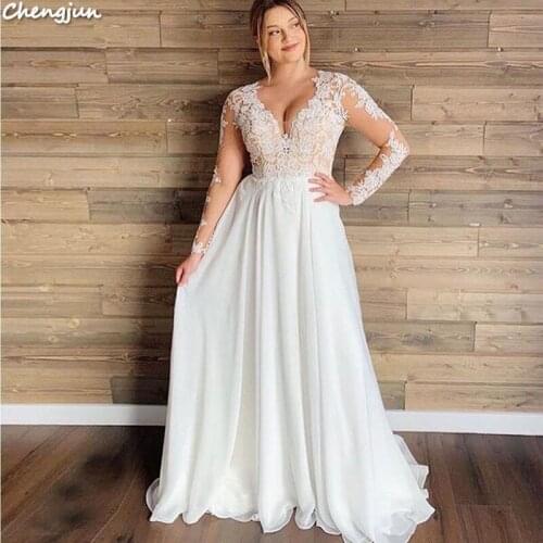 Chengjun Chiffon White Lace Guest Long Sleeve Bridal Gowns Plus Size Wedding Dress