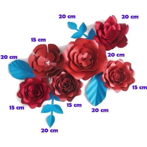 DIY Giant Paper Flowers Fleurs Artificielles Backdrop Artificial Rose 6pcs+4 Leaves Wedding Party Decor Nursery Baby Shower Red