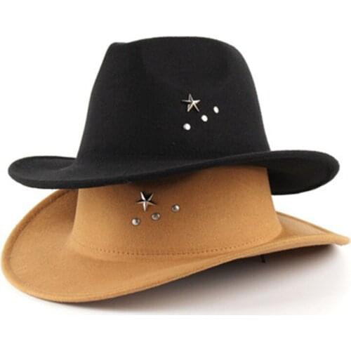 Western cowboy hat five-pointed star fedora hat for men women autumn winter felt jazz top hat warped brim hat outdoor riding hat