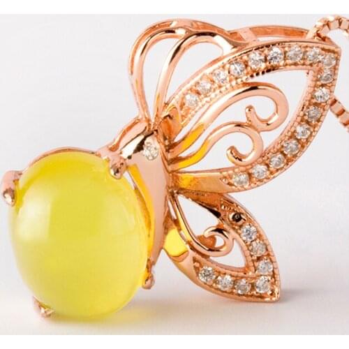 Natural prehnite silver pendant, oval 8mm*10mm, yellow and light color, romantic gift for girls, beautiful butterfly
