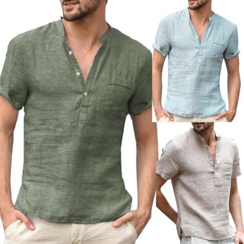 2021 New Mens Casual Blouse Solid Color Button V Neck Patch Pocket Linen Short Sleeve T-Shirt Summer Top Handsome Men Shirt