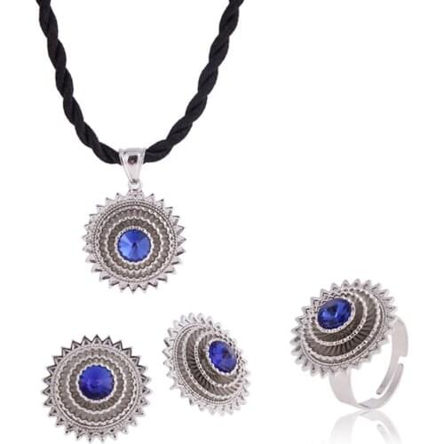 Sky talent bao New Arrival Sliver Color Ethiopian Jewelry sets With Bule/Green/Red Stone African Gift Habesha Jewelry Gift