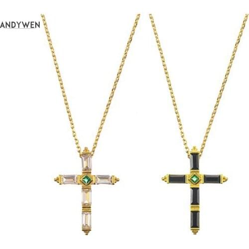 ANDYWEN 925 Sterling Silver Gold Colorful White Zircon Black Cross Pendant Long Chain Necklace Rock Punk Luxury Jewelry Gift