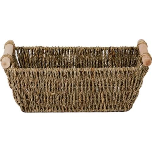 Handmade Woven Basket with Wood Handles Woven Seagrass Wicker Storage Shelf Baskets for Organizing & Sorting Toilet Paper Towel