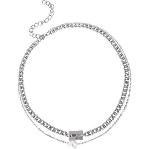 Simple Titanium Steel Lette Link Layered Necklace Faux Pearl Pendant Choker Necklace Clavicle Necklace Personality Choker