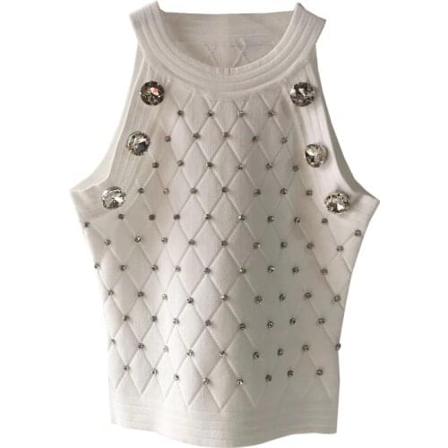 Heavy industry summer shiny rhinestones jacquard sleeveless knitted shirt women halter neck slim tops