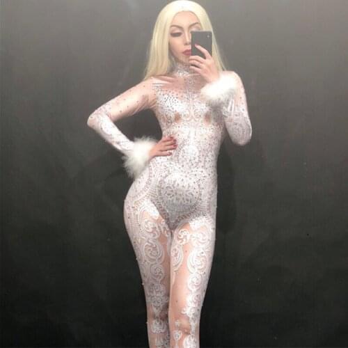 Sexy Stage Costume Women White Printed Rhinestone Furry Sleeves Jumpsuit Nightclub Stage Wear Birthday Celebrate Outfit DNV13587