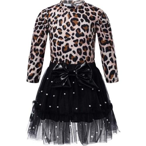 Spring Autumn Toddler Kids Baby Girl Clothes Set Cute Long Sleeve Leopard Print Tops Bowknot Beads Mesh Tutu Skirt 2Pcs Outfits
