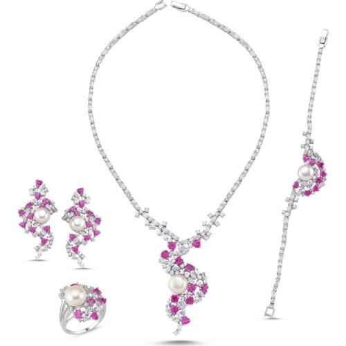 Silverlina Silver Pink Zircon Cubic Zirconia and Pearl Necklace, Bracelet, Ring and Earrings Set