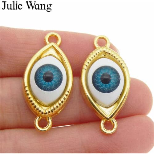 Julie Wang 10PCS Blue Eye Connectors Alloy+Resin Gold Tone For Neckalce Pendant Findings DIY Jewelry Making Metal Accessories
