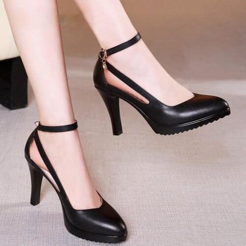 Lady Spike Heels Pumps Mature Office Lady Pumps Buckle Strap Platform High Heels Women Shoes Four Season Leather Shoes