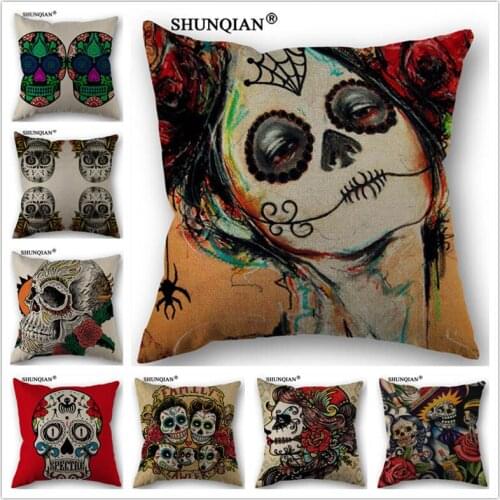 WZ4141 Day of The Dead Color Skull Flower Pillowcase Cotton Linen Woven Pillowcase Custom Pillowcase Decorative Pillow Cases