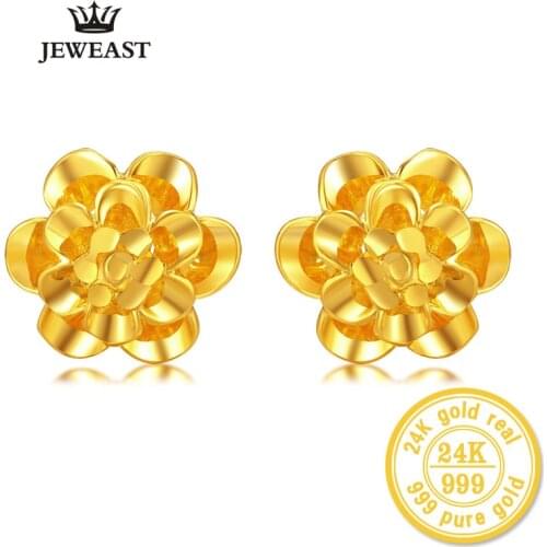 XXX ZZZ 24kPure Gold Flower Shape Stud Earrings Exquisite Hollow Style Beautiful Highlight Literary Style 999Solid Gold A Pair