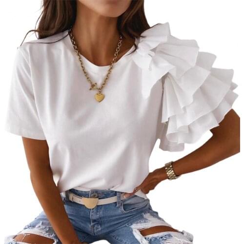 Fashion Women Blouse Solid Color Layered Ruffle Short Sleeve Asymmetric Loose T-shirt Top for Summer Layered Ruffle Solid Color