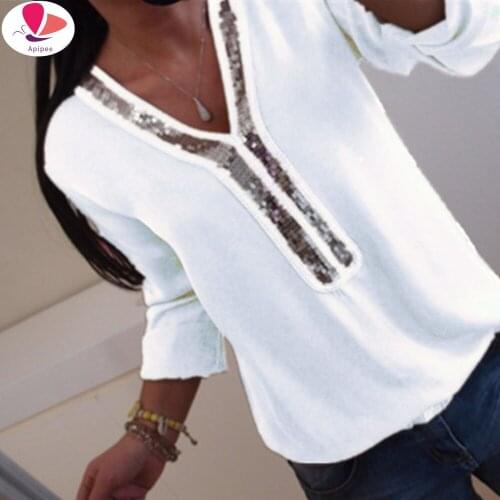 Womens Sequin Large Blouse 2019 Spring V Neck Long Sleeve Casual Womens Tops And Blouses Chiffon Solid White Female Tops shirt