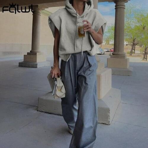 FQLWL Autumn Streetwear Women Hoodie Sleeveless Split White Grey Tops Hoodies Female 2021 Fashion O Neck Sporty Loose Hoodies