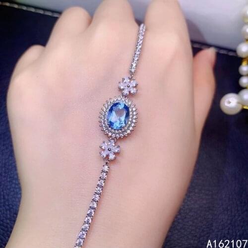 Fine Jewelry 925 Sterling Silver Inset With Natural Gemstones Womens Luxury Lovely Plant Blue Topaz Hand Bracelet Support Detec