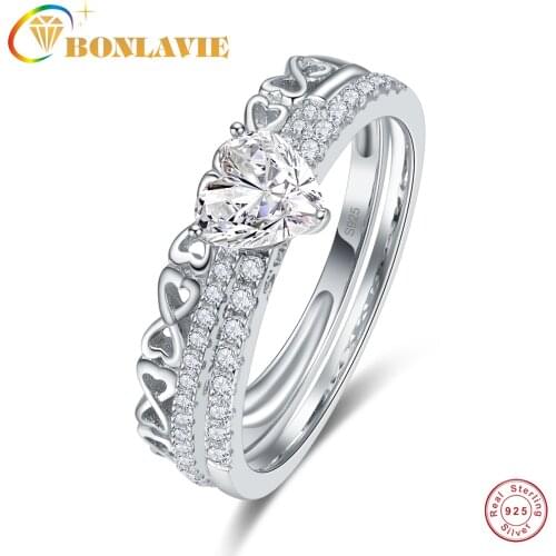 BONLAVIE Heart-shaped Zircon Ring 8 Shaped Ring Set Ring 925 Silver Wedding Ring for Women