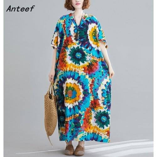 Short sleeve plus size cotton vintage floral dresses for women casual loose maxi long summer dress elegant clothes 2021 sundress