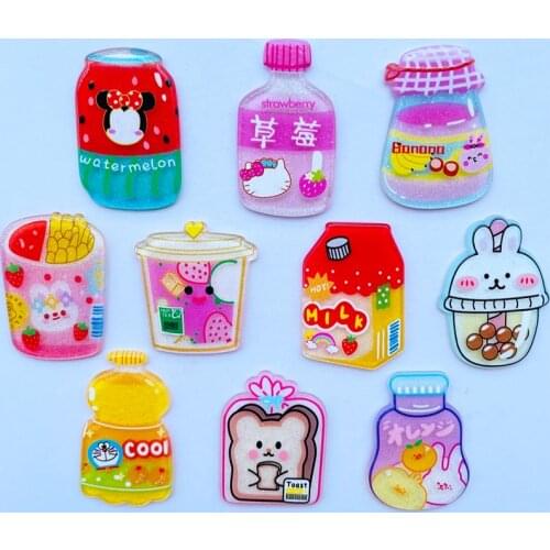10 New Kawaii Cartoon Food, Drink Bottle Series Acrylic Flat DIY Crafts Scrapbook Hair Bow Center Accessories Embellishment A36