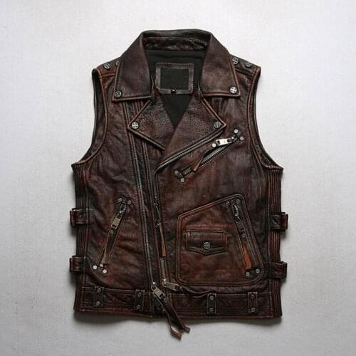 2021 Vintage Brown Motorcycle Style Genuine Leather Vest Men Plus Size 5XL Real Natural Cowhide Spring Slim Fit Short Coat