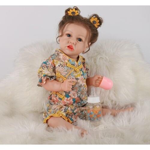 23" Lovely silicone doll Fashion bebe Reborn doll with Sun flower hairpin For Kids Gift Best Playmates toys for girls