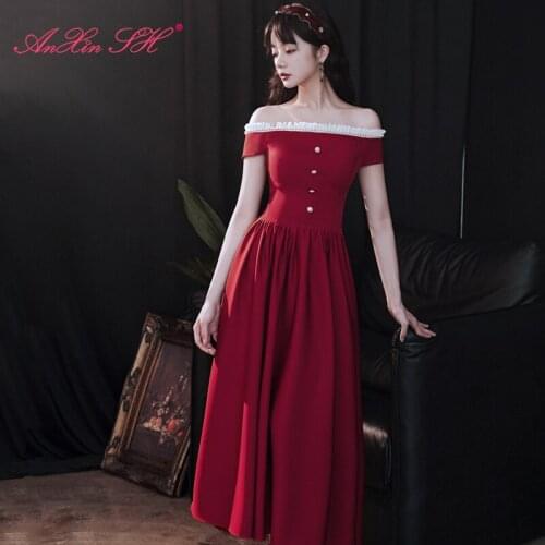 AnXin SH princess wine red satin long evening dress vintage boat neck white ruffles lace dinner party a line red evening dress