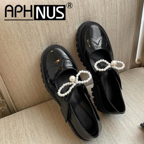 APHNUS Womens Shoes Pearl Bowtie Trifle Platforms Flats Low Mid Heels Pumps Woman 2021 Shoes For Women New