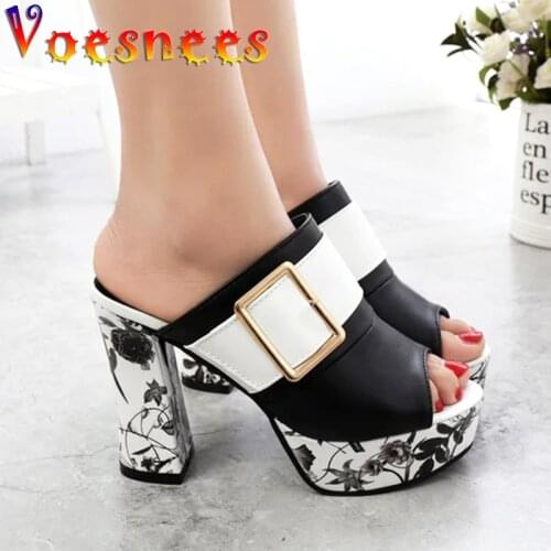 Marble Pattern Chunky Heels Woman Shoes Metal Button Slippers Platform Buckle Strap High Heels Peep Toe Nightclub Sexy Sandals