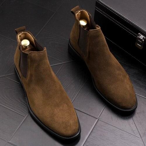 ERRFC Fashion Concise Men Chelsea Boots Khaki Slip On Nubuck Trending Man Ankle Boots Black Luxury High Top Casual Shoes 38-44