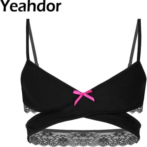 Gay Mens Lace Sissy Lingerie Adjustable Spaghetti Straps Cross Over Back Wire-free No Padded Sexy Mens Lace Bra Tops Underwear