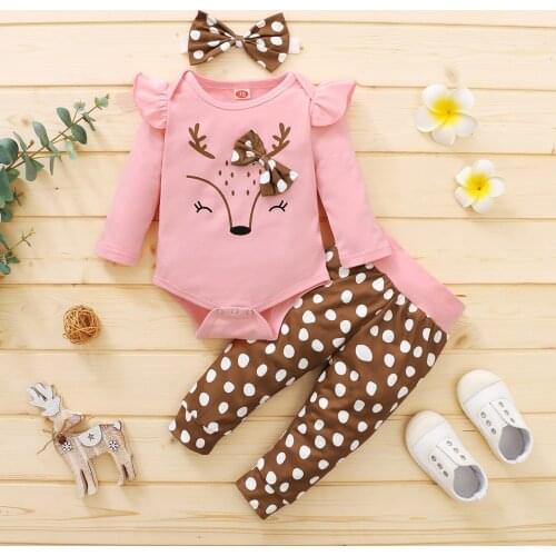 Infant Baby Girls Cartoon Deer Suit Romper Bodysuit+dot Pants+headbands Outfits Baby Winter Clothes Set Vetement Enfant Fille