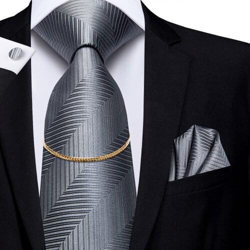 Hi-Tie New Design Fashion Mens Ties Grey Hanky Cufflinks Set 100% Silk Luxury NickTies Chain For Men Classic Business Wedding