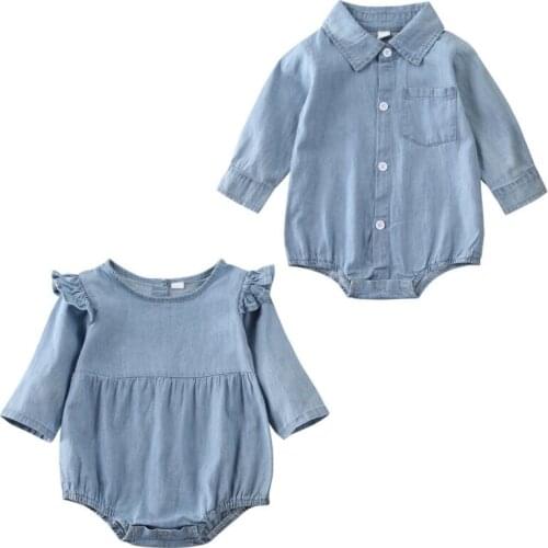Newborn Baby Boy Girl Denim Long Sleeve Romper Playsuit Outfit Set Clothes 0-24m