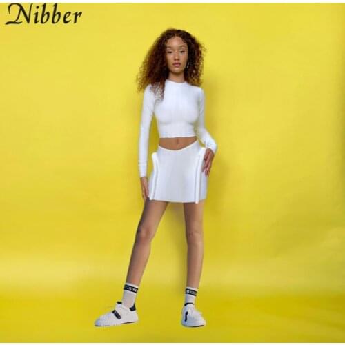 Nibber Autumn New Solid Color 2 Two Piece Set Women Long Sleeve Skinny Crop Top And Irregularity Mini Skirts Matching Suit