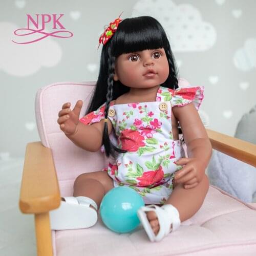 NPK 55cm bebe doll reborn toddler girl baty toy very soft full body silicone Very Dark Brown Skin girl doll black hair